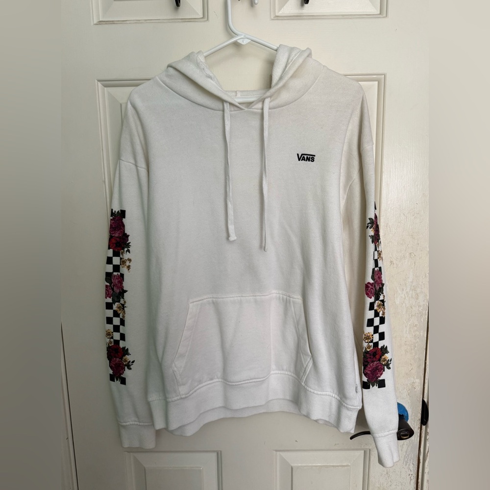 Vans Cream Hoodie with Floral and Checkered Sleeves